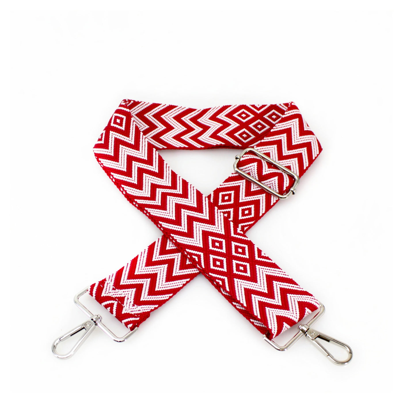 Chevron & Diamond Woven Bag Strap - Red/White with Silver Fittings