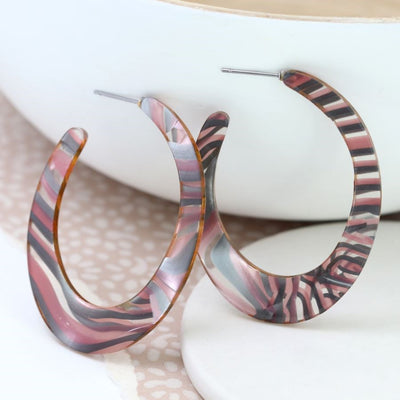 POM Grey & Pink /Mauve Resin Oval Hoop Earrings