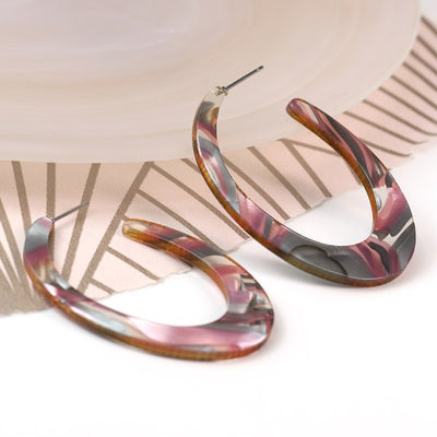 POM Grey & Pink /Mauve Resin Oval Hoop Earrings
