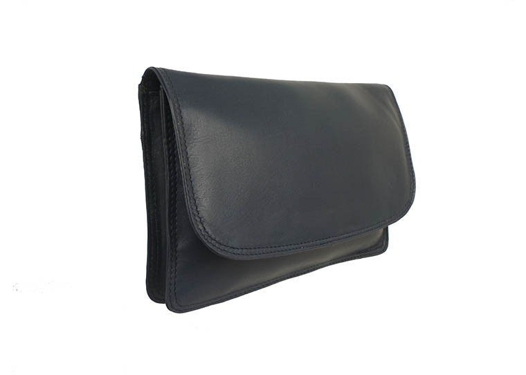 Nova Leathers Classic Flap Over Clutch/Crossbody Handbag - Black (0502E)