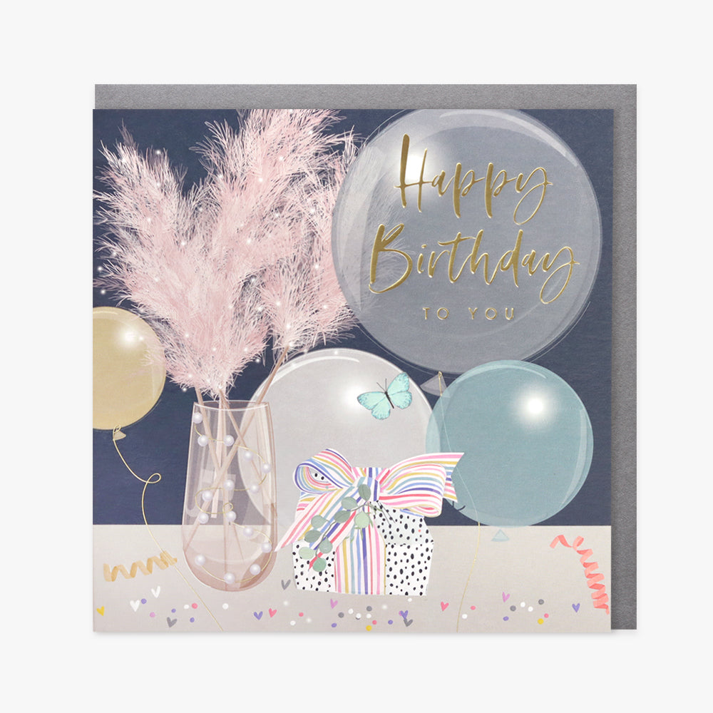 Belly Button Birthday Pink Pampas, Present & Balloons Navy Card