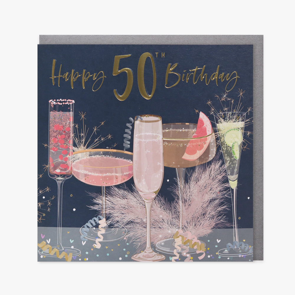 Belly Button 50th Birthday Cocktails Navy Card