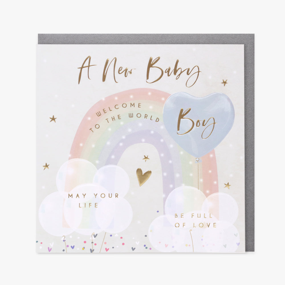 Belly Button New Baby Boy Rainbow & Balloons Card