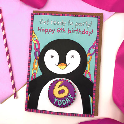 Papersole Happy 6th Birthday Penguin Badge Card