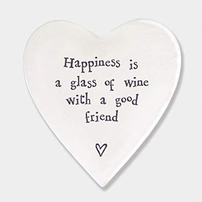 East of India Porcelain Heart Coaster - Happiness Glass Wine