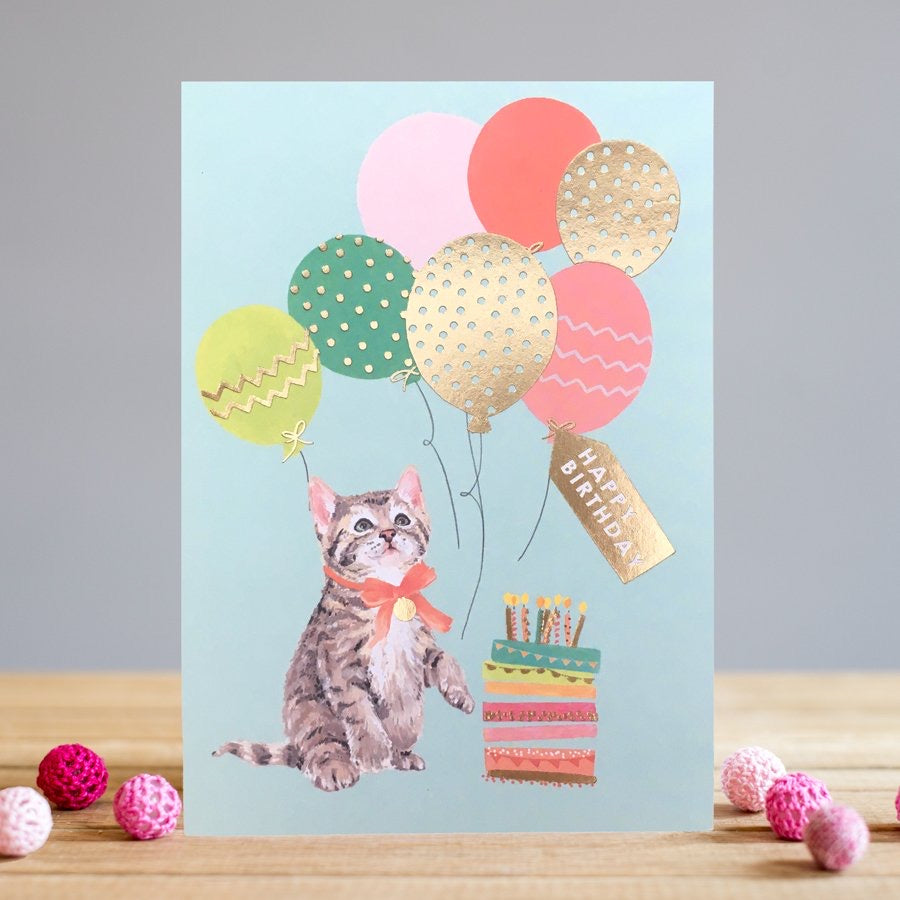 Louise Tiler Cat, Cake & Balloons Birthday Card