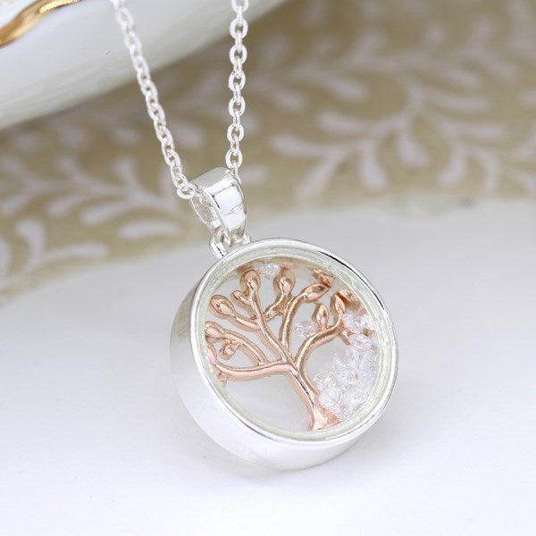 POM Gold Tree of Life in Silver Circle with Crystals Necklace