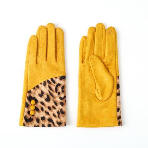Butterfly Leopard Button Faux Suede Gloves - Mustard