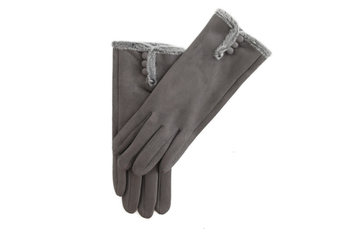 Butterfly Grey Faux Suede Gloves with Grey Faux Fur & Button Detail