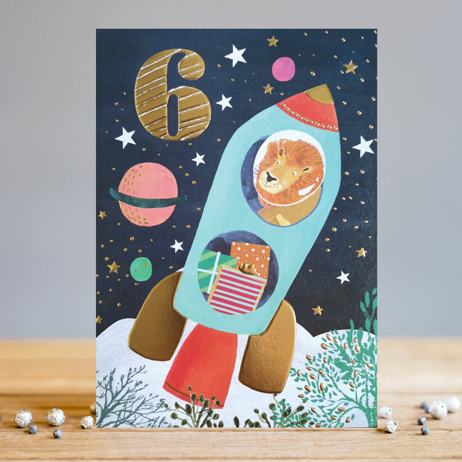 Louise Tiler Lion Space Rocket 6th Birthday Card