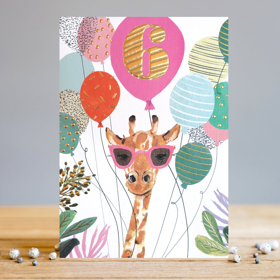 Louise Tiler Giraffe Balloons 6th Birthday Card