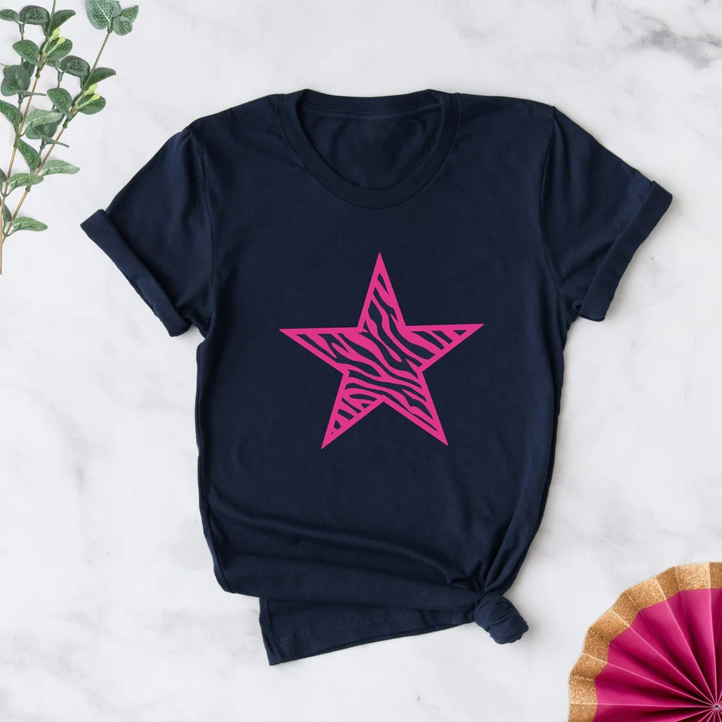 Pink Neon Zebra Star T-Shirt - Navy