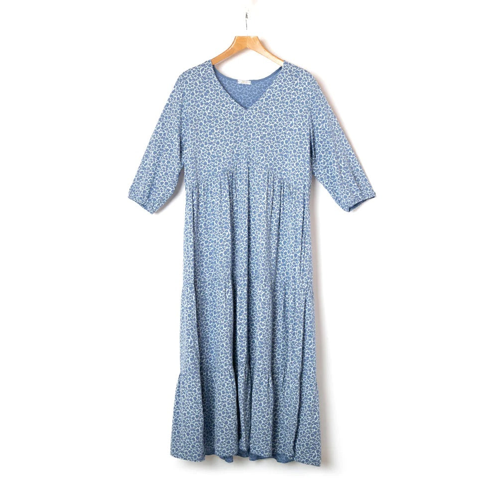 Tilley & Grace Marina Animal Spot Print 3/4 Sleeve Tiered Dress - Denim Blue