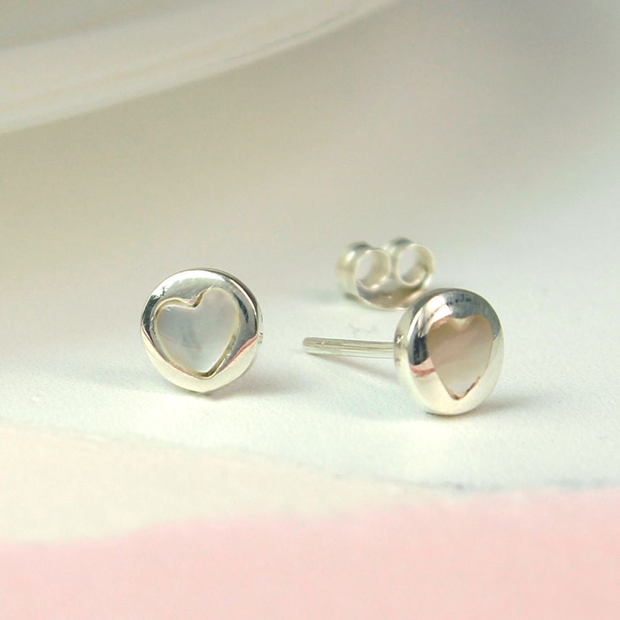 POM Sterling Silver Round & Pearl Heart Stud Earrings