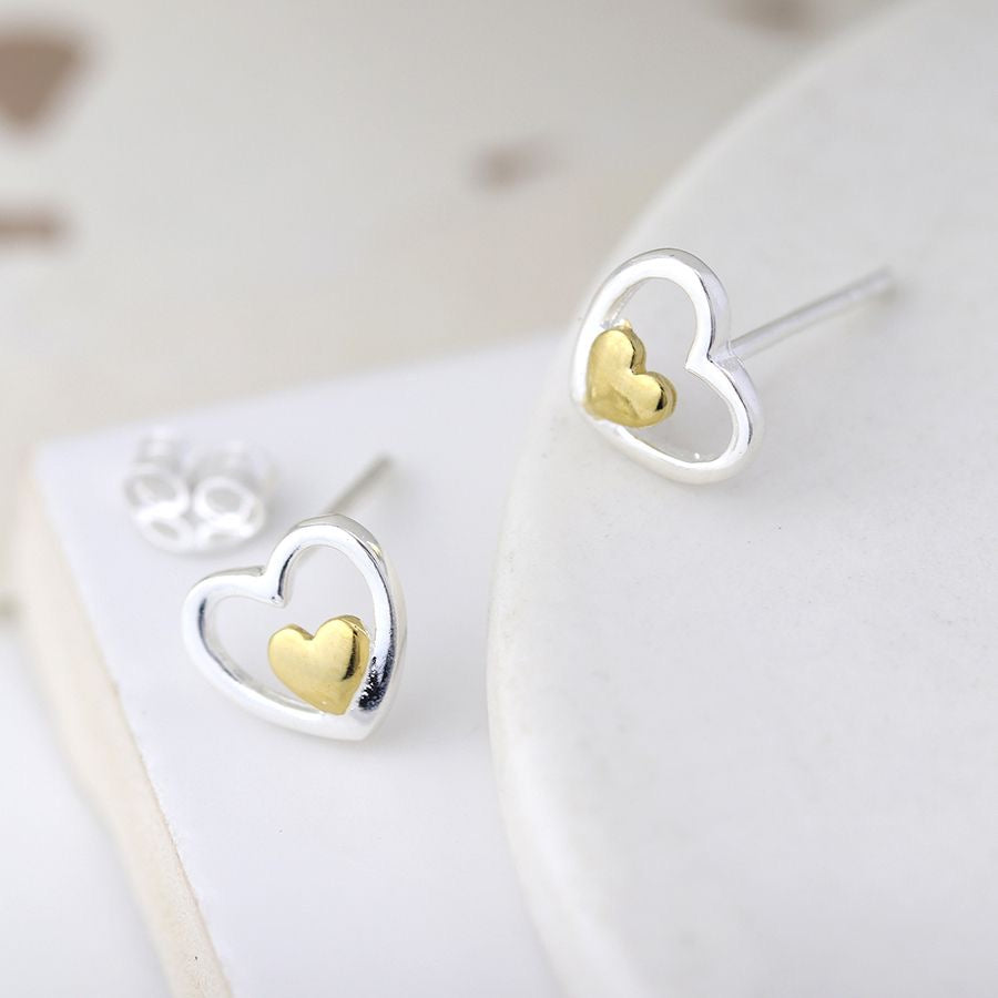 POM Sterling Silver & Gold Heart Open Stud Earrings