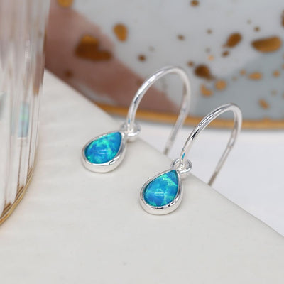 POM Sterling Silver Blue Opal Teardrop Open Hoop Earrings