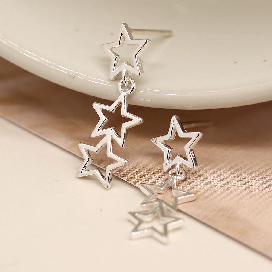 POM Sterling Silver Triple Open Star Dangly Stud Earrings