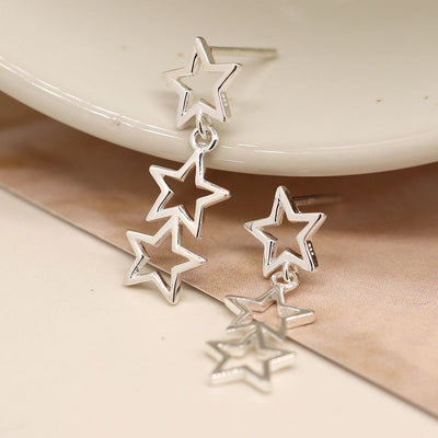 POM Sterling Silver Triple Open Star Dangly Stud Earrings