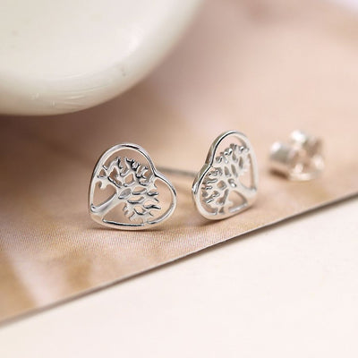 POM Sterling Silver Tree of Life in Heart Stud Earrings