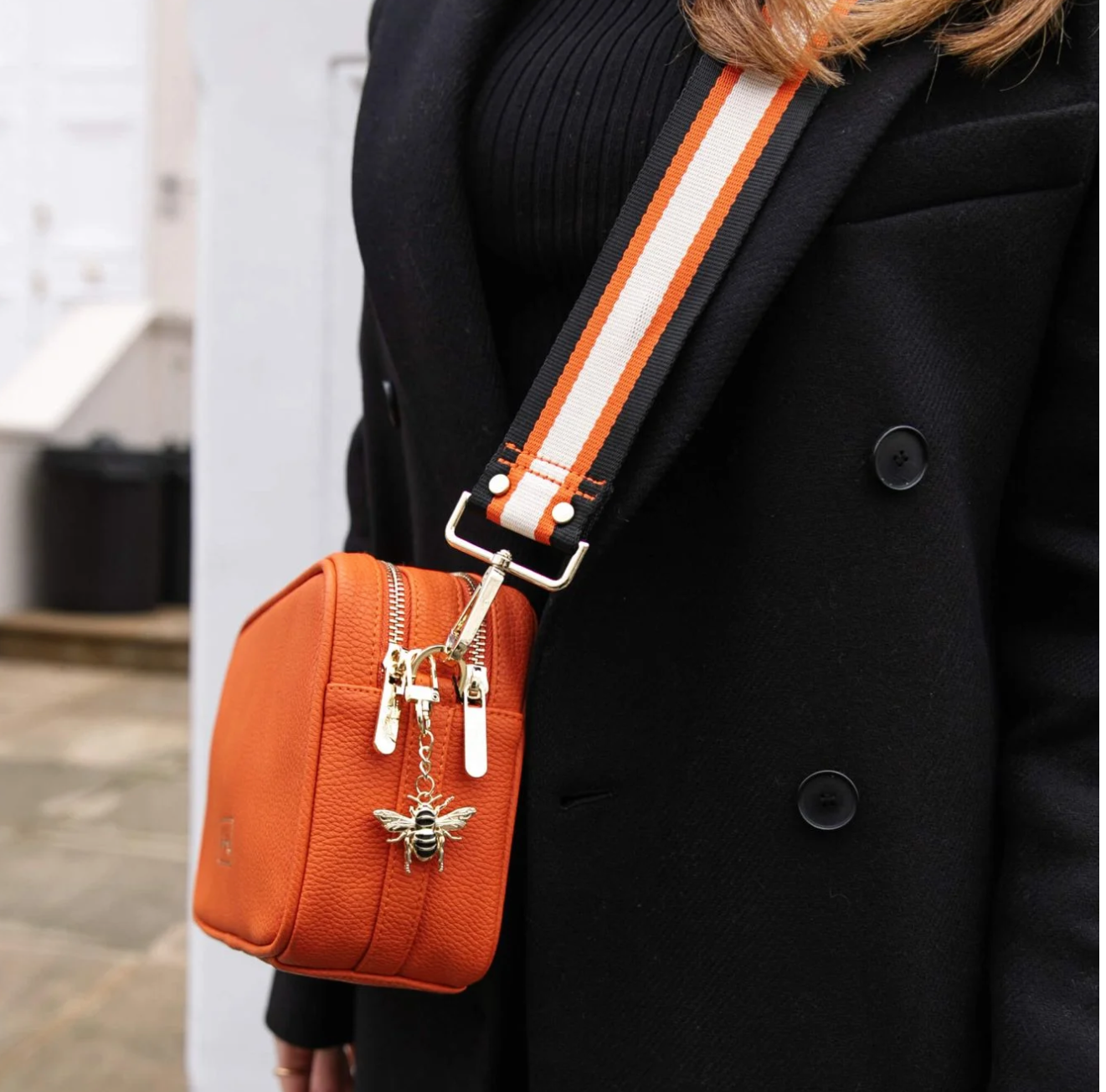 Alice Wheeler Orange Soho Double Zipped Crossbody Bag with Trio Stripe Bag Strap