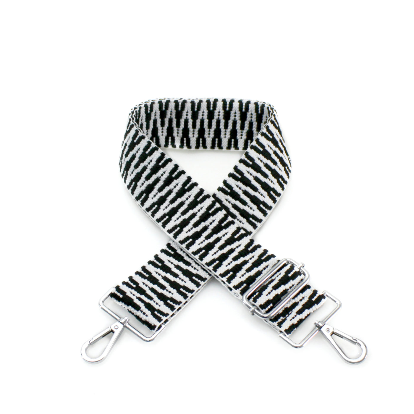 White & Black Textured Stripes Print Bag Strap - Silver Fittings