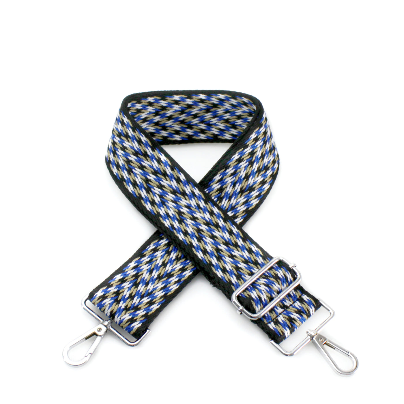 Black & Blue Textured Print Bag Strap - with Silver Fittings