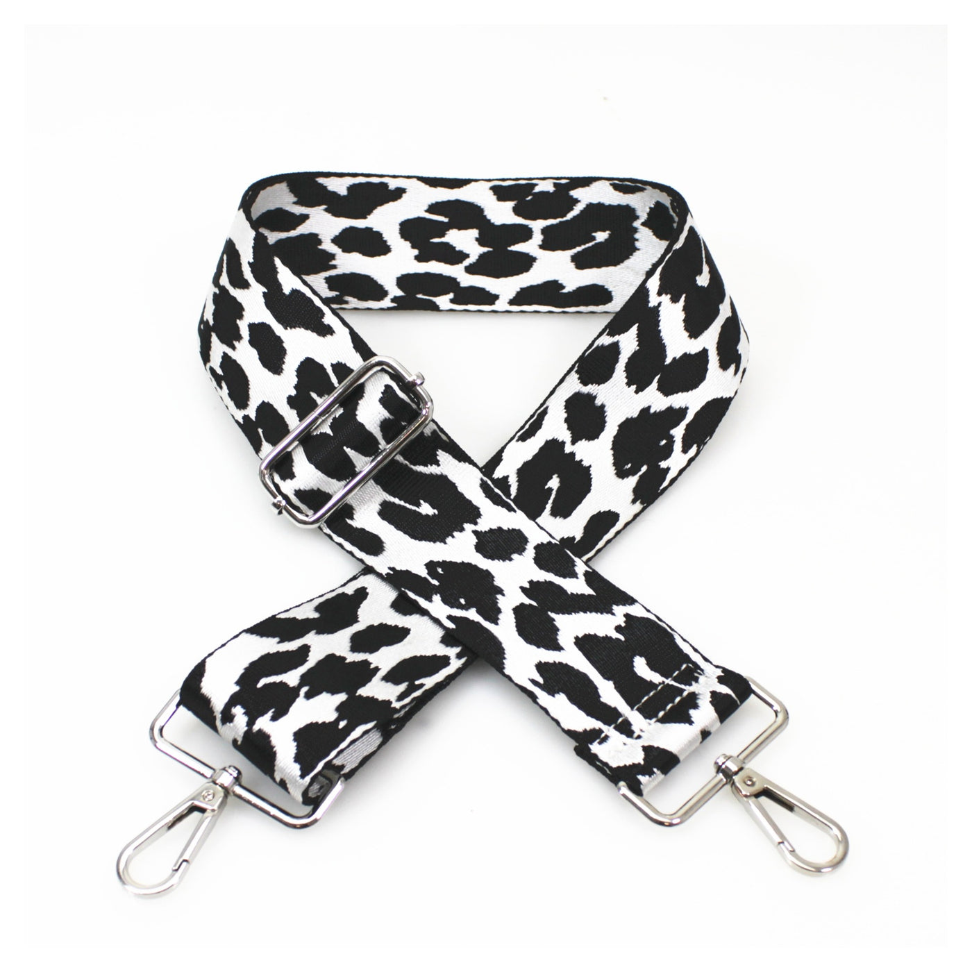 White & Black Leopard Print Bag Strap - Silver Fittings
