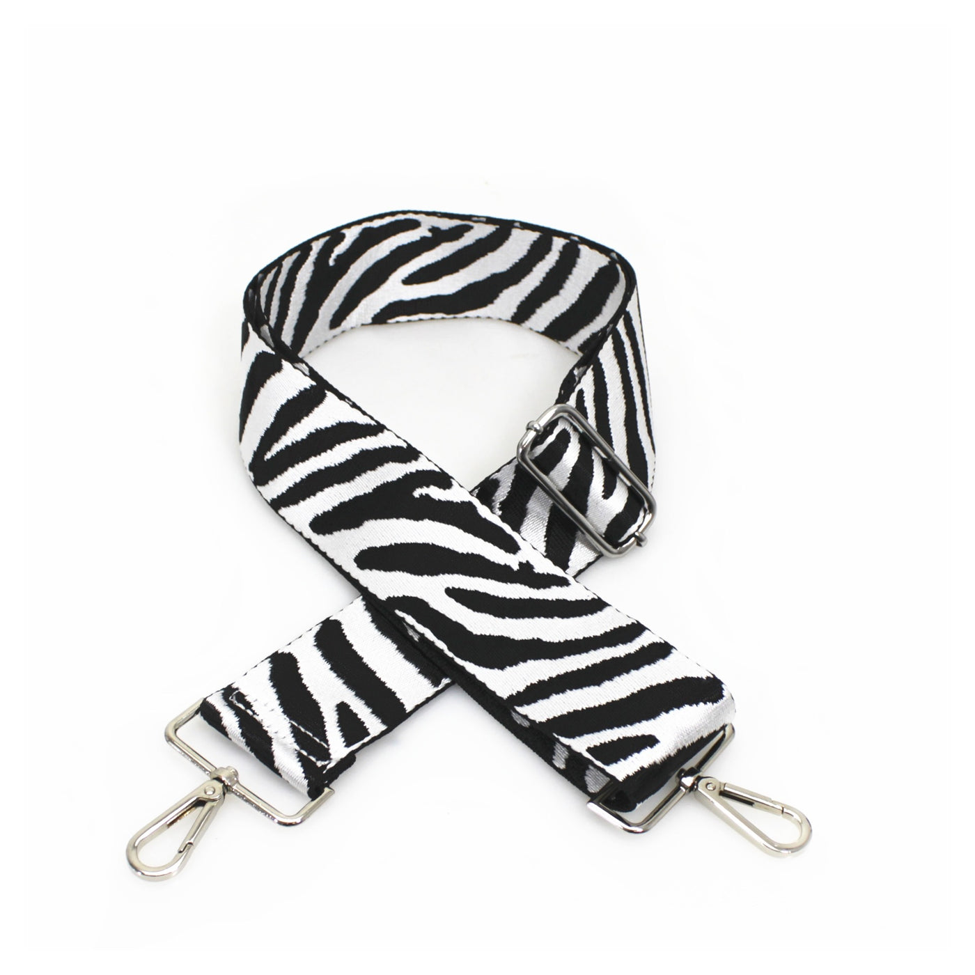 White & Black Zebra Print Bag Strap - Silver Fittings