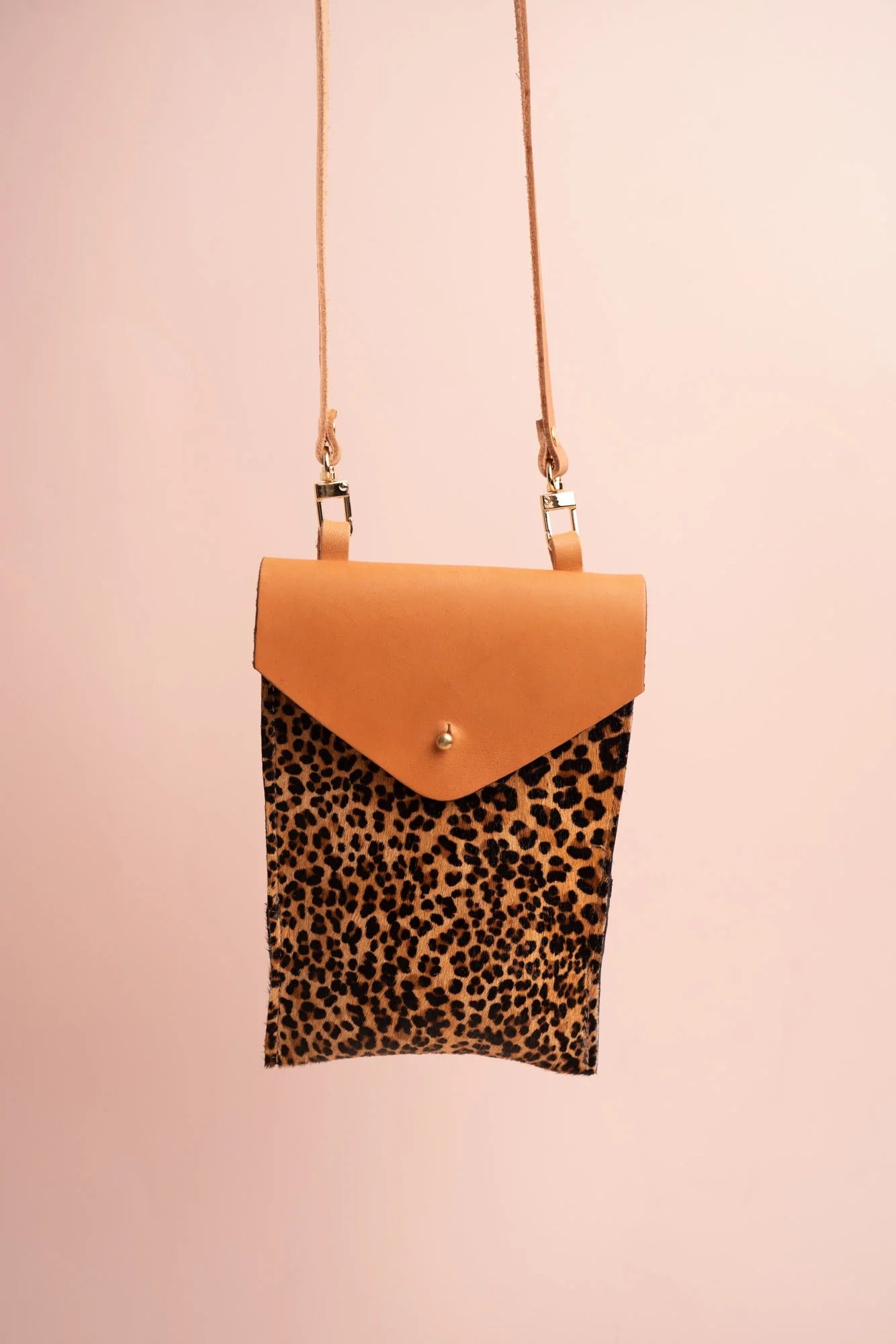 Willow &amp; Hive Leather Tan &amp; Leopard Print Phone Crossbody Bag