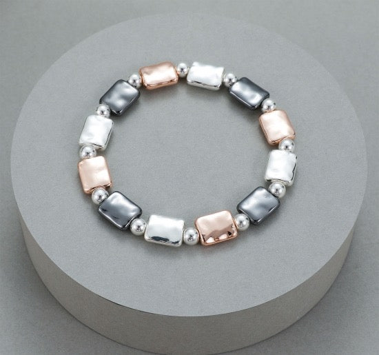 Gracee Jewellery Silver, Hematite & Rose Gold Rectangular Beaded Stretch Bracelet