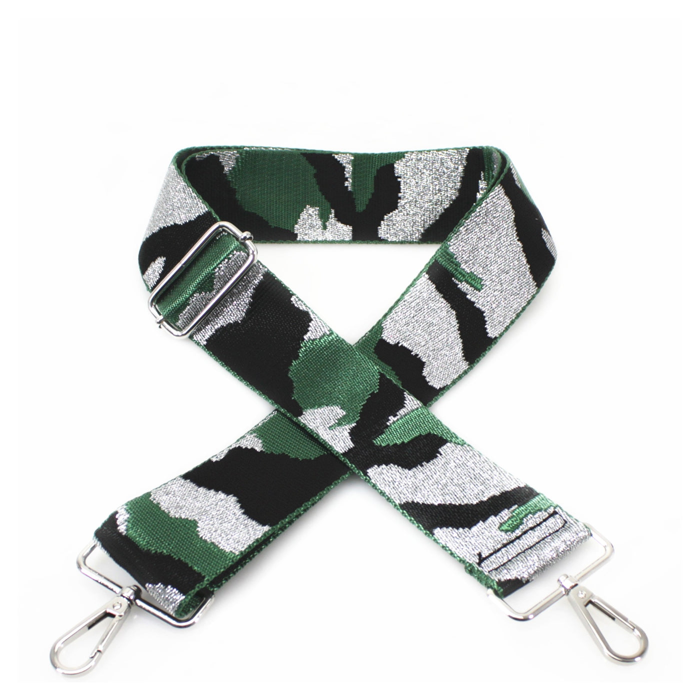 Army Camo Print Glitter Bag Strap - Khaki Green/Silver with Silver Fittings