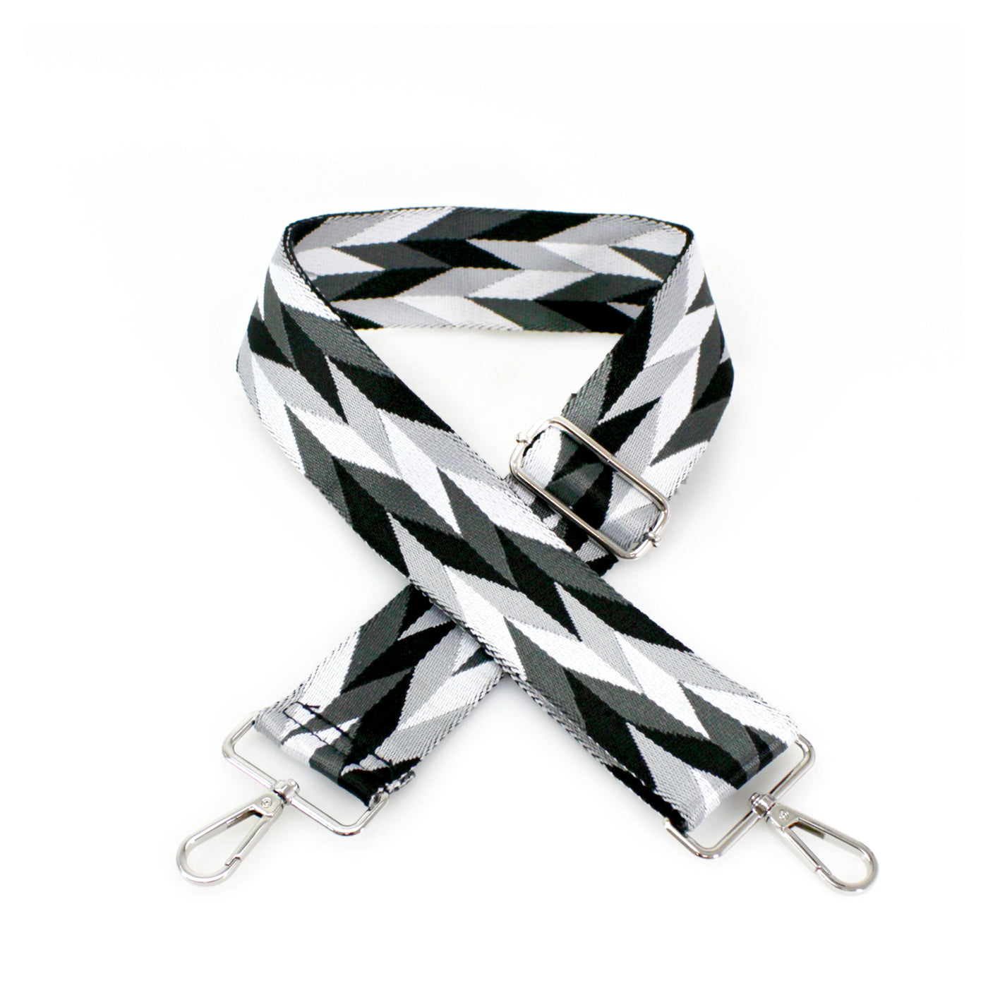 Black/Grey/White Herringbone Print Bag Strap - Silver Fittings