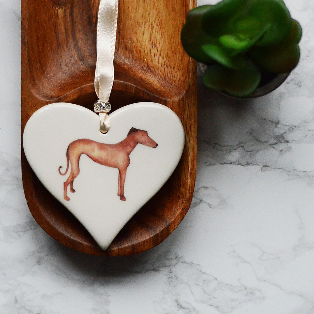 Dimbleby Ceramics Dog LARGE Hanging Heart - Brown Greyhound