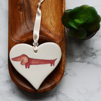 Dimbleby Ceramics Dog LARGE Hanging Heart - Sausage Dog Brown