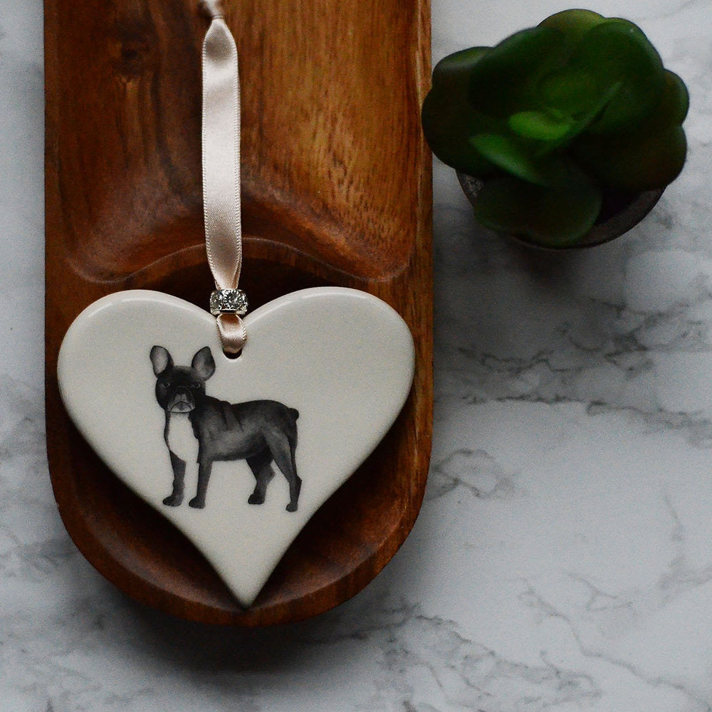 Dimbleby Ceramics Dog LARGE Hanging Heart - Black French Bulldog