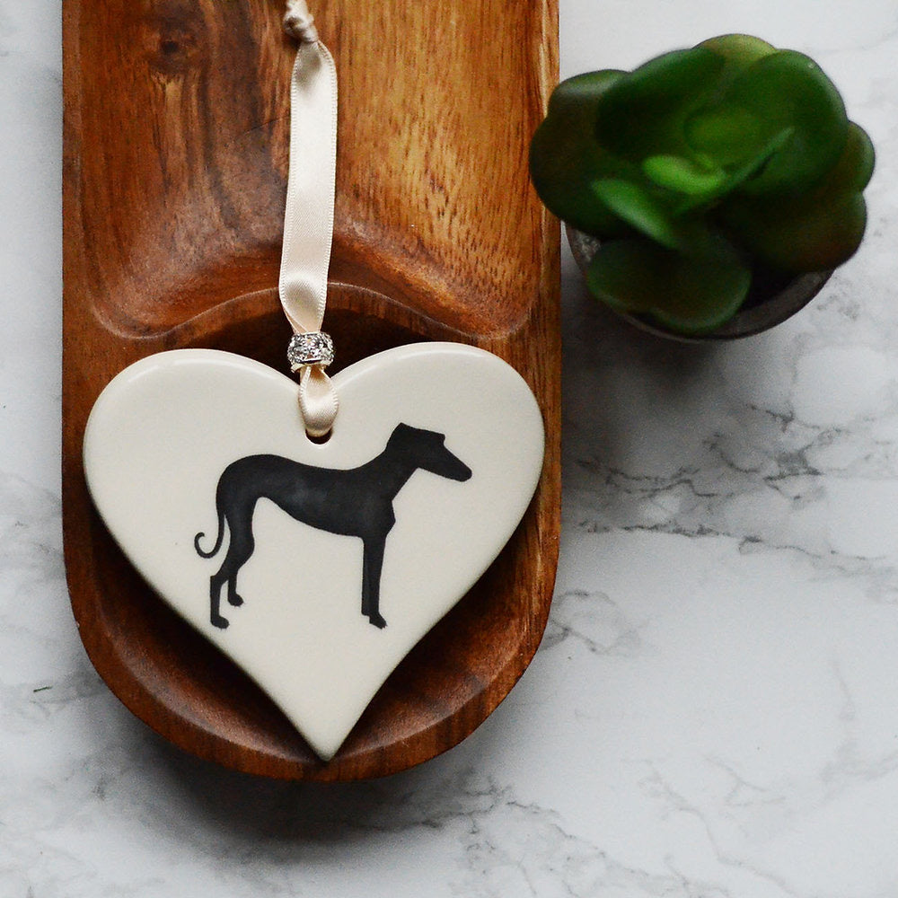 Dimbleby Ceramics Dog LARGE Hanging Heart - Black Greyhound
