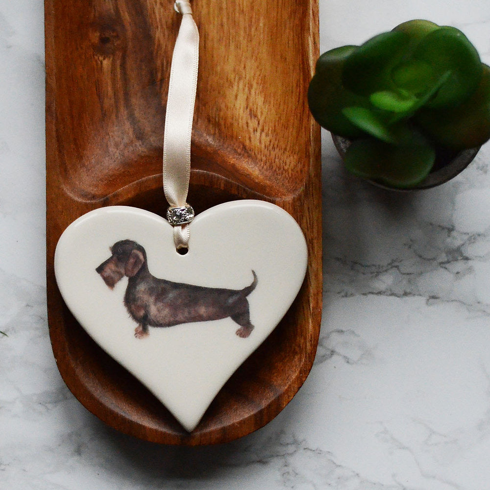 Dimbleby Ceramics Dog LARGE Hanging Heart - Wire Haired Dachshund