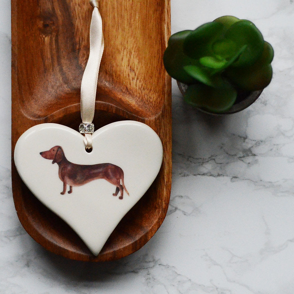 Dimbleby Ceramics Dog LARGE Hanging Heart - Smooth Haired Dachshund - Brown