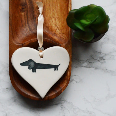 Dimbleby Ceramics Dog LARGE Hanging Heart - Sausage Dog Black