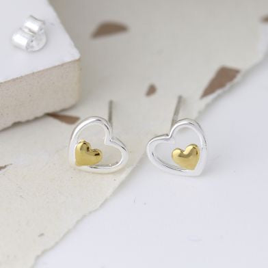 POM Sterling Silver & Gold Heart Open Stud Earrings
