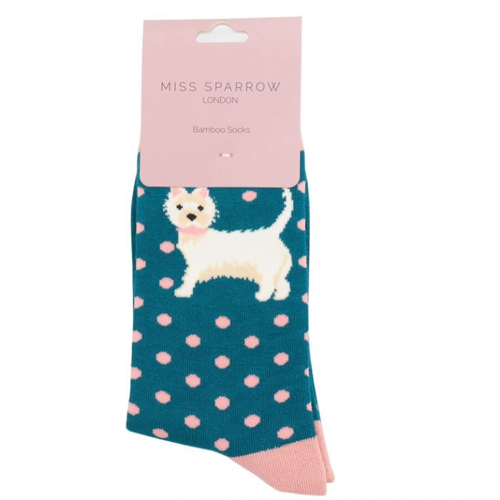 Miss Sparrow Bamboo Ankle Socks - Westie Dog - Teal