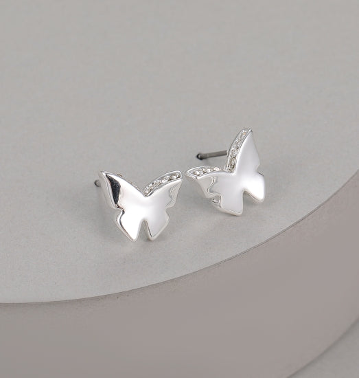 Gracee Jewellery Shiny Silver Butterfly Crystal Stud Earrings - Silver