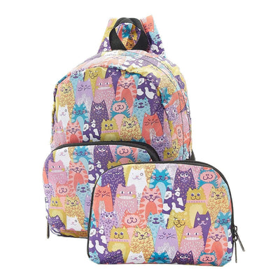 Eco Chic Stacking Cats Print Lightweight Foldable Mini Backpack Bag - Multi