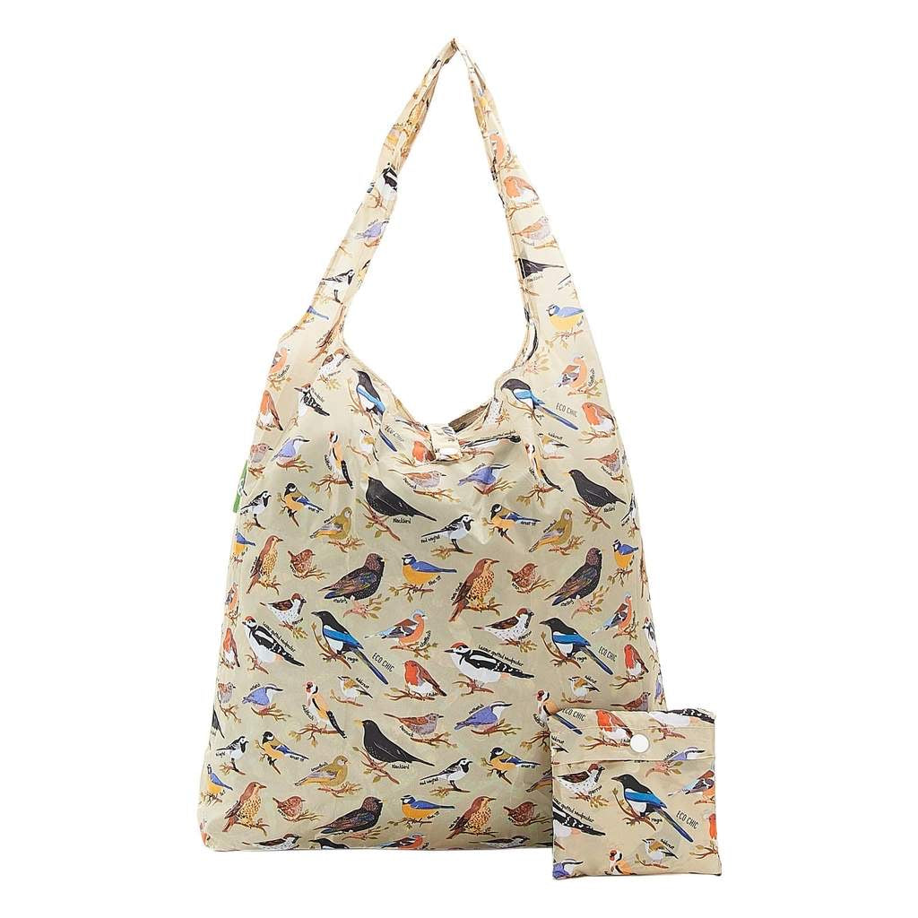 Eco Chic Foldable Recycled Shopping Bag - Wild Birds - Green