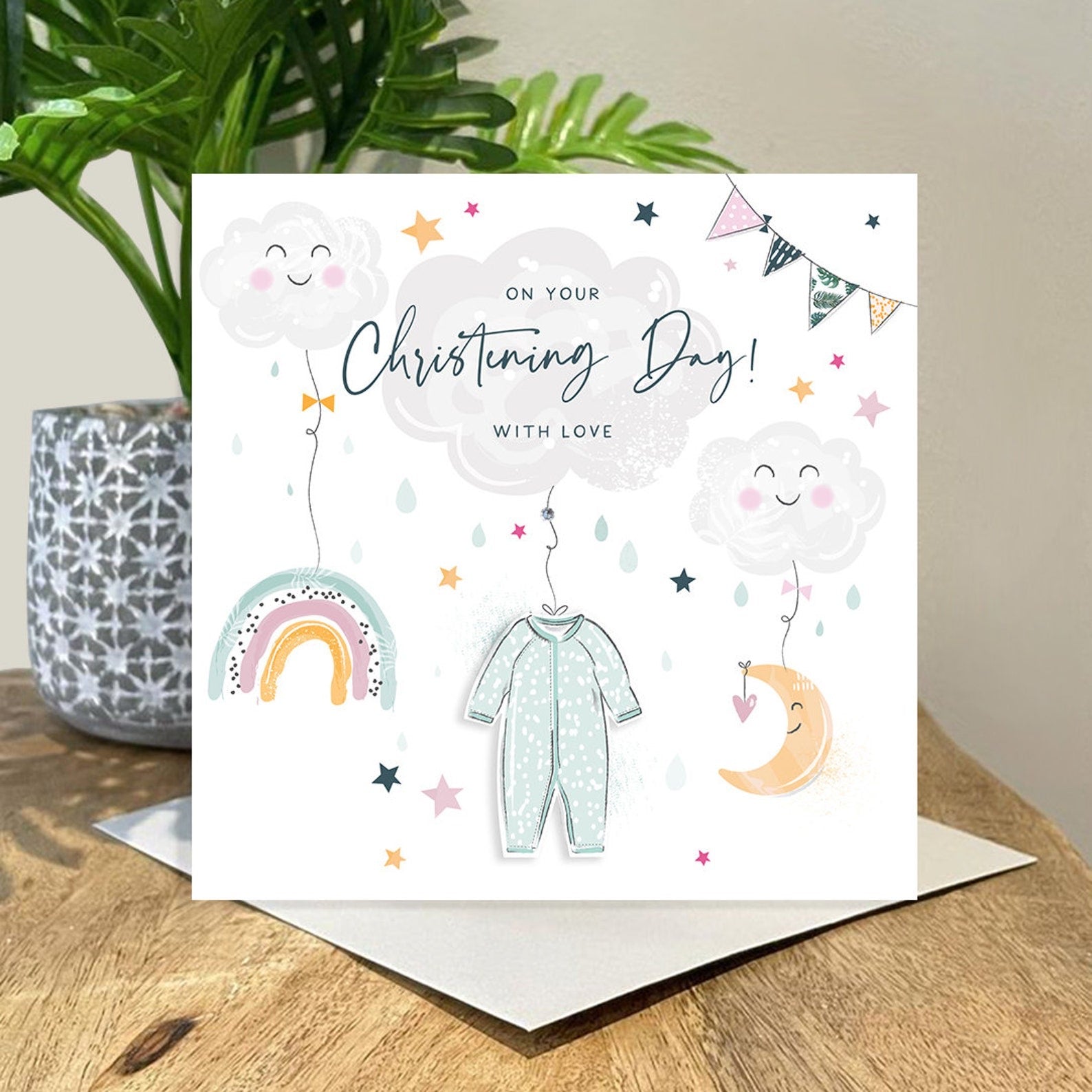 Christening Day With Love Clouds &amp; Babygrow Card