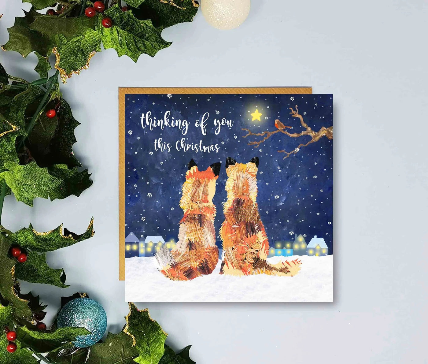 Flying Teaspoons Thinking of you at Christmas Foxes Blank Card