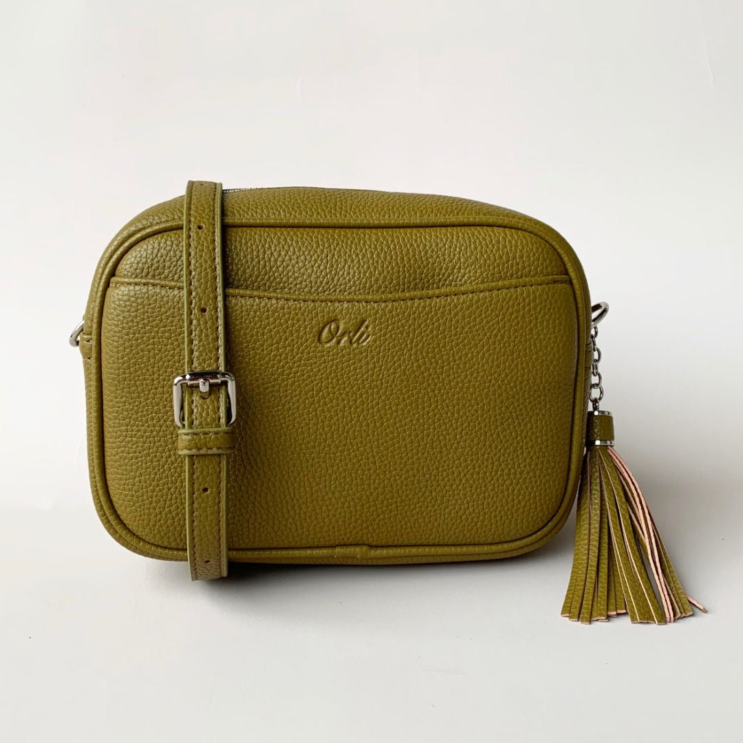 Orli LEOPARD Lining Tassel Crossbody Handbag - Olive /Silver Fittings