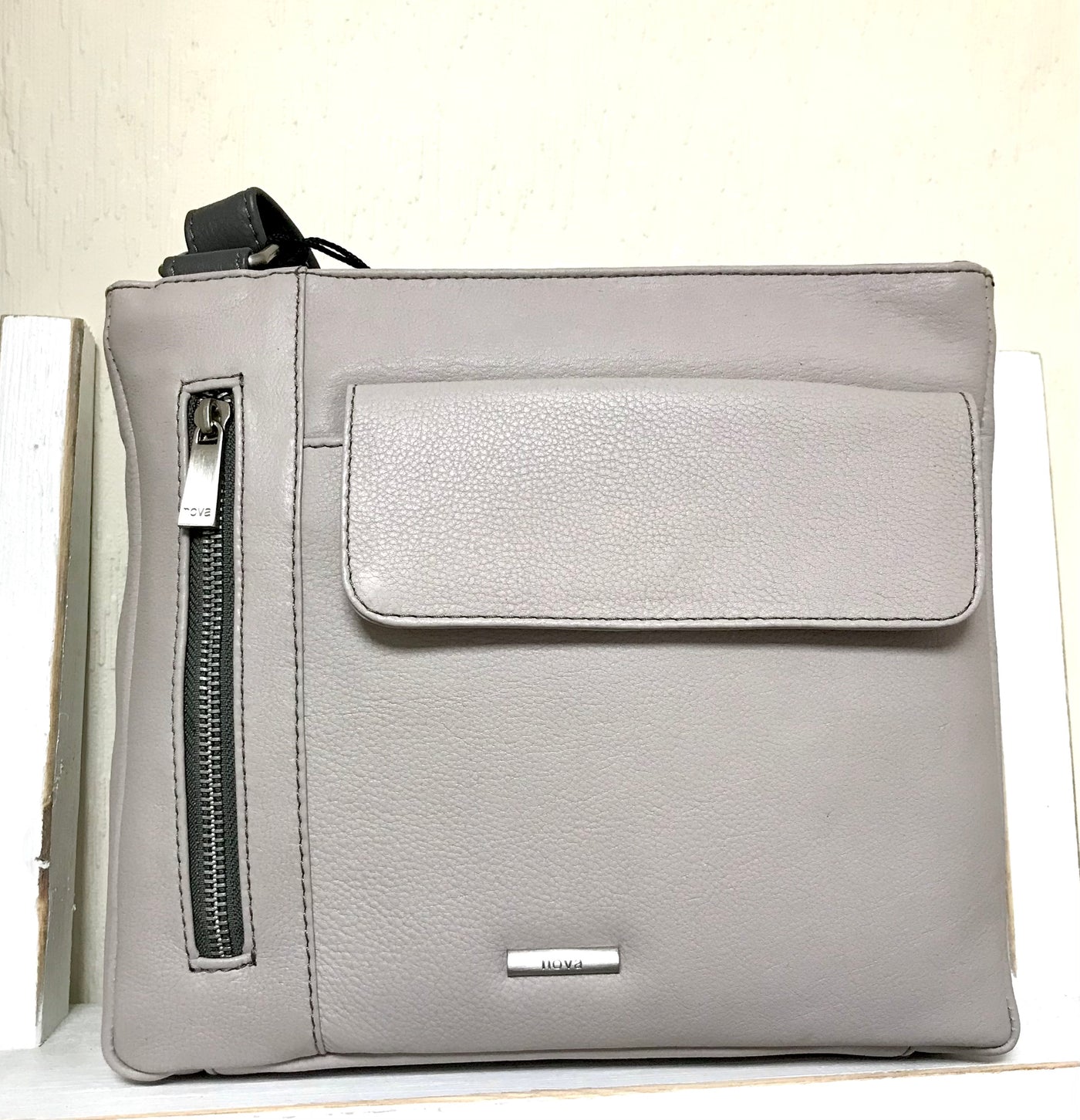 Nova Leathers Zip & Pocket Crossbody Handbag - Dove Grey & Charcoal Grey (899S)