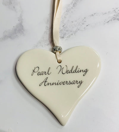 Dimbleby Ceramics LARGE Sentiment Hanging Heart - Pearl Wedding Anniversary