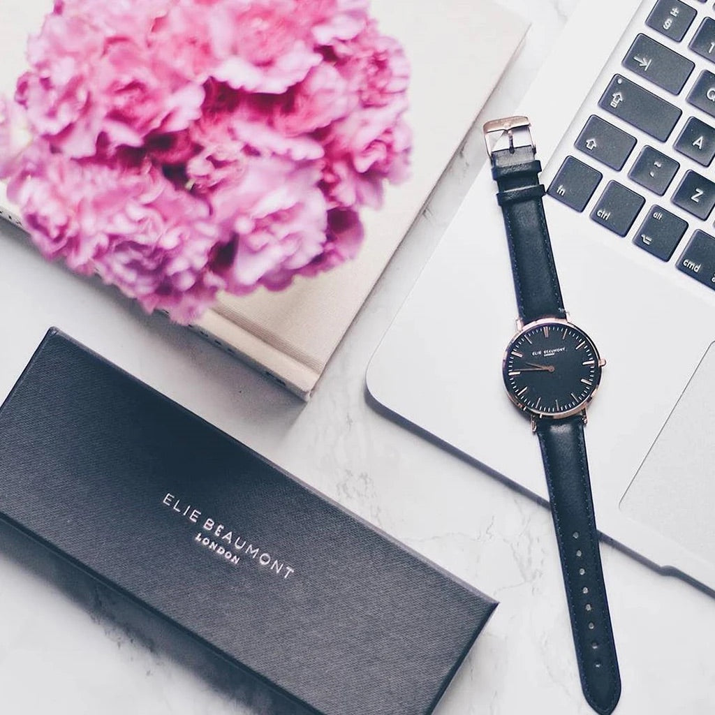 Elie Beaumont Oxford Small Leather Watch - Black & Rose Gold